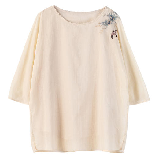 牧衣游原创 手工刺绣100支新疆棉套头衫女简约百搭圆领上衣 霁雨 商品图4