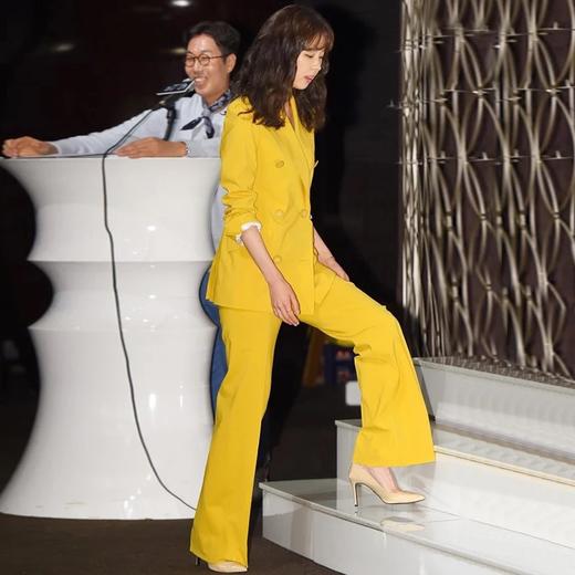 雀说 新款大码女装韩版宽松中长款明黄色西装套装两件套5ZF-1052 商品图1