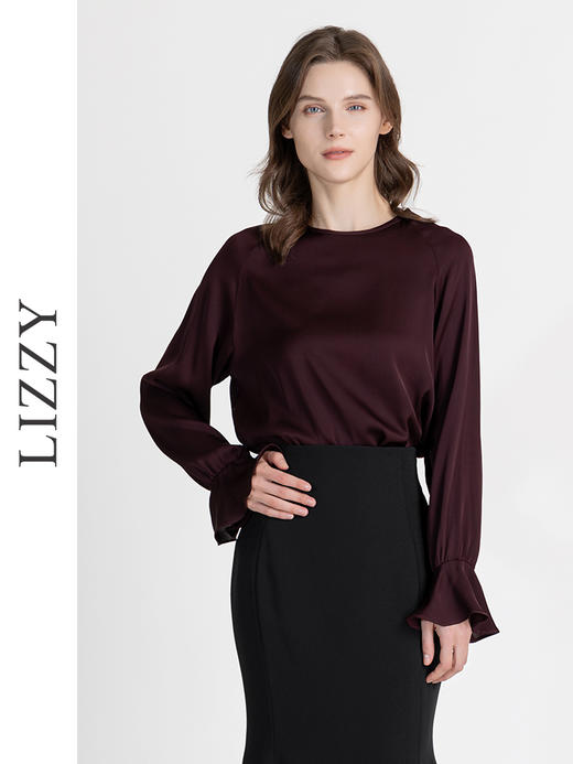 LIZZY早秋简约圆领桑蚕丝气质通勤长袖衬衫8150 商品图1