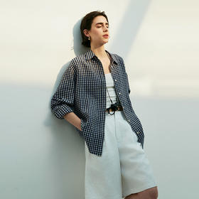 棉仓362604041-初棉亚麻色织格纹方领宽松藏青白格子衬衫