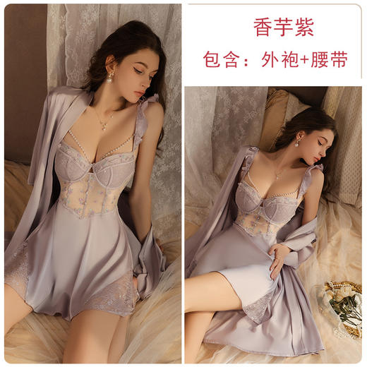 【珍珠链装饰❗️纯欲蕾丝刺绣睡裙】自带胸垫，免穿内衣文胸！美背甜美深V钢圈吊带睡衣家居服 商品图5