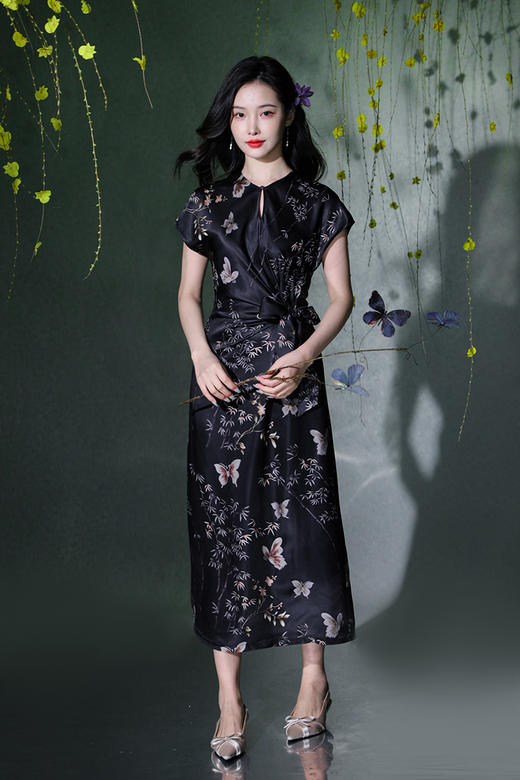 逸红颜明月优选#23姆米真丝提花裙『蝶竹』流淌的丝绸黑珍珠，腰间蝴蝶结系带优雅迷人 商品图6