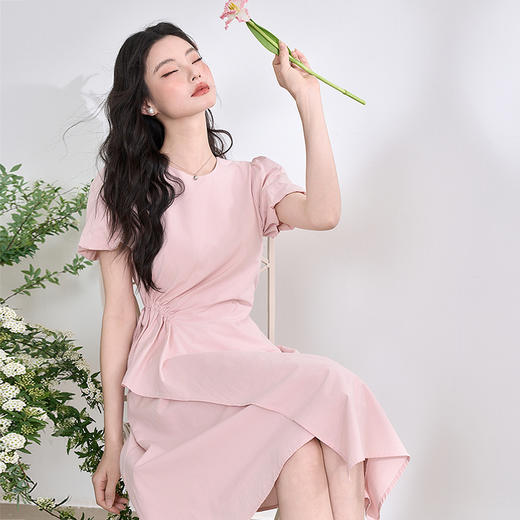 设计感经典荷叶边泡泡袖连衣裙女夏季分割抽绳收腰长裙V0950598 商品图3