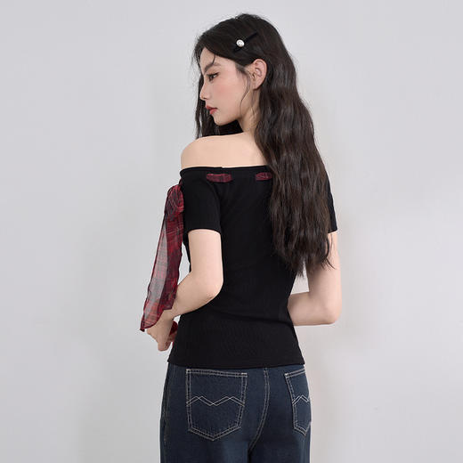 美式复古性感辣妹斜肩设计感格纹绑带T恤女收腰上衣V0050632 商品图4