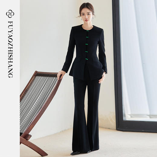 FUYAO扶摇 黑色新中式西装外套女2025新款国风圆领对襟扣西服套装 商品图2