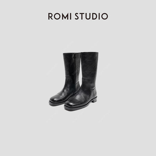 ROMI STUDIO“复古小众”率性百搭英伦方头粗跟黑色中筒靴 23AWS006 商品图0
