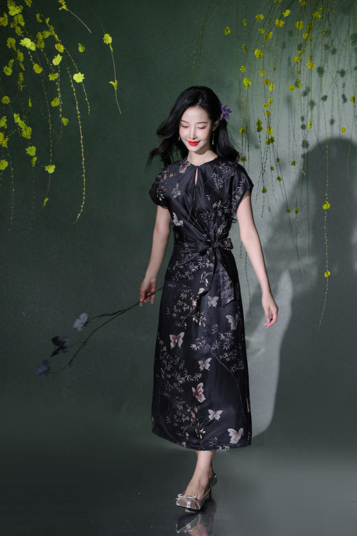 逸红颜明月优选#23姆米真丝提花裙『蝶竹』流淌的丝绸黑珍珠，腰间蝴蝶结系带优雅迷人 商品图9