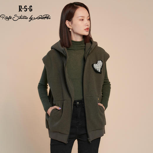 RSG郭培成衣品牌灰绿色插兜拉链连帽修身马甲桃心手工装饰 商品图1