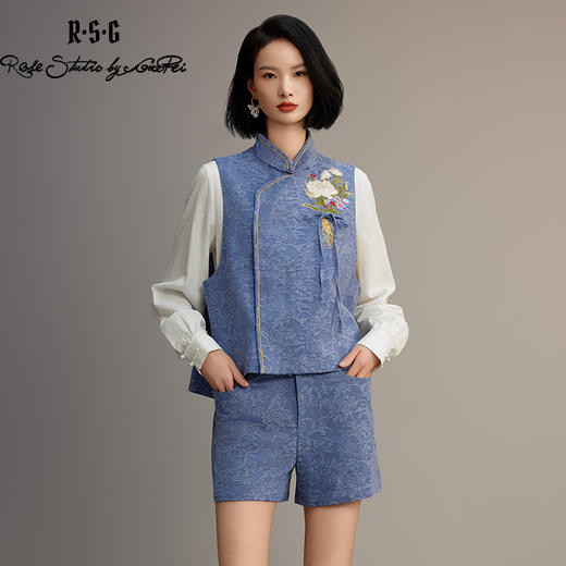 郭培成衣品牌【“药”爱自己】牛仔蓝印花新中式马甲套装 商品图3