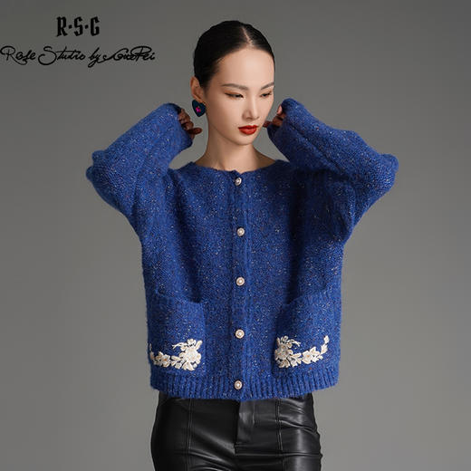 RSG郭培成衣品牌显白蓝色系国风芙蓉花刺绣花纱秋冬开襟毛衣 商品图2