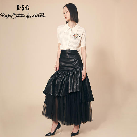 RSG郭培成衣品牌纯色不规则拼接百褶网纱皮裙黑色 商品图1