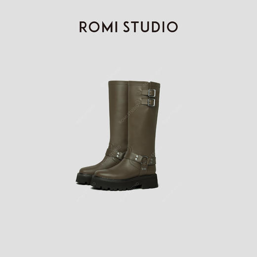 ROMI STUDIO“复古英伦”高定粗跟皮带扣复古绿不过膝长靴23AWS005 商品图0