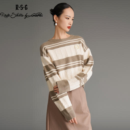 RSG郭培成衣品牌冬季保暖美拉德撞色条纹羊绒休闲学院风复古毛衣 商品图1
