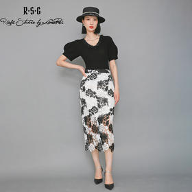 RSG郭培成衣品牌撞色拼接设计感蕾丝花朵优雅半身裙收腰包臀