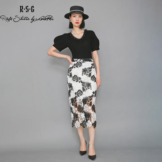 RSG郭培成衣品牌撞色拼接设计感蕾丝花朵优雅半身裙收腰包臀 商品图0