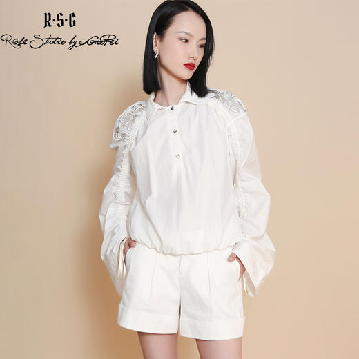 RSG郭培成衣品牌原创设计白色刺绣喇叭袖女款中式衬衫女装 商品图0