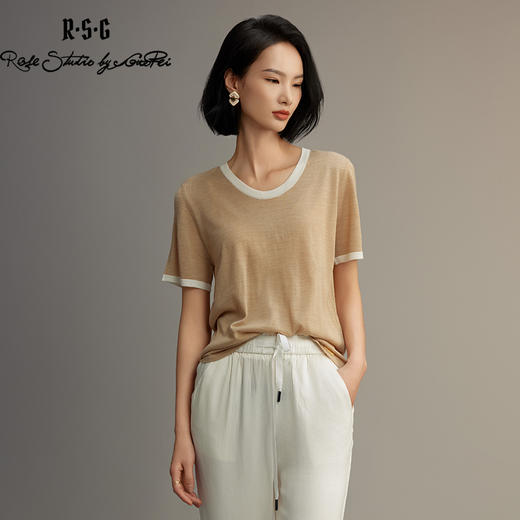 R.S.G精品系列短袖薄款针织衫女装撞色圆领高级感宽松t恤上衣 商品图1