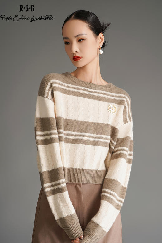 RSG郭培成衣品牌冬季保暖美拉德撞色条纹羊绒休闲学院风复古毛衣 商品图5