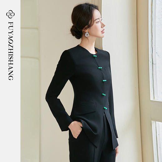 FUYAO扶摇 国风套装女高级感穿搭2025春季新款新中式黑色盘扣正装 商品图1