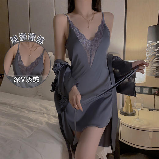 【仙气飘飘❗️丝滑缎面蕾丝睡裙】轻盈亲肤，舒适到像裸穿，穿上不想脱下来！性感睡衣冰丝拼接简约外袍家居服大码套装 商品图0