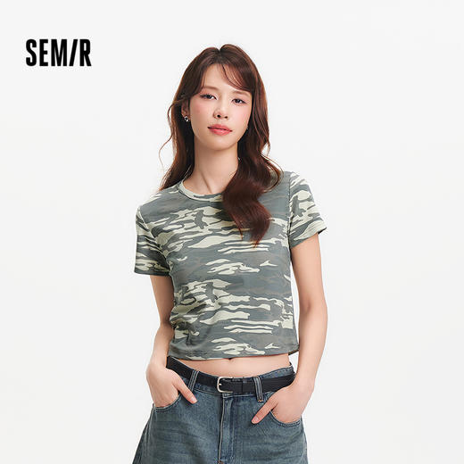 森马短袖T恤女短款小个子潮酷街头2025新款夏季修身迷彩上衣复古 商品图0
