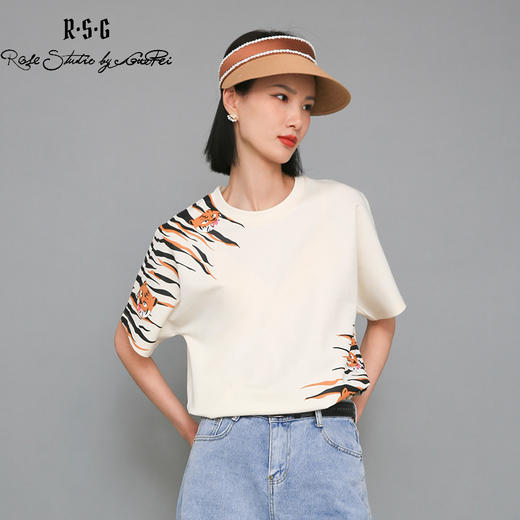 RSG郭培成衣品牌原创设计米色小老虎纹印花上衣T恤女装 商品图0