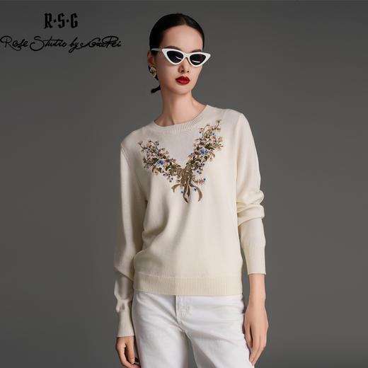 RSG郭培成衣品牌纯羊毛蝴蝶花朵刺绣点钻针织衫上衣女装 商品图0