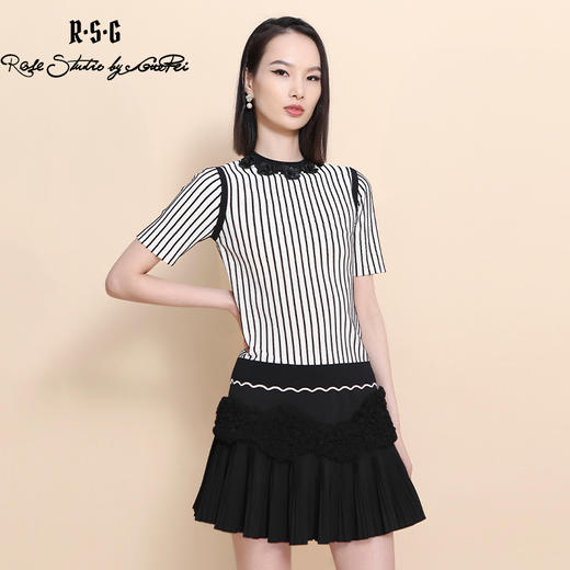 RSG郭培成衣品牌2023夏季新款装饰条纹小香风针织圆领T恤上衣 商品图0