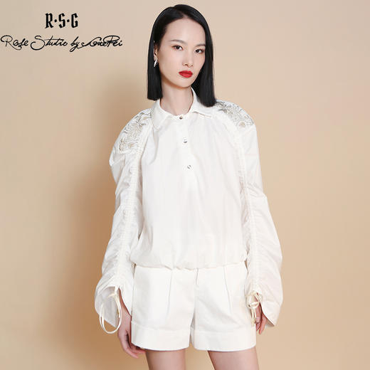 RSG郭培成衣品牌原创设计白色刺绣喇叭袖女款中式衬衫女装 商品图2