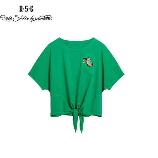 RSG郭培成衣品牌国风翠鸟刺绣下摆打结宽松T恤 商品图4