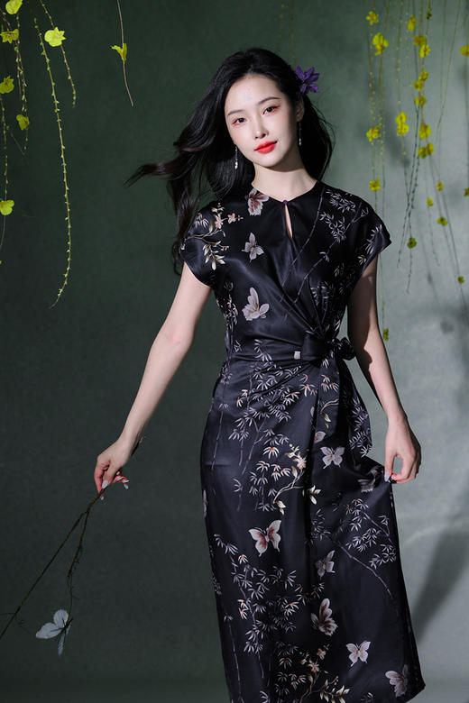 逸红颜明月优选#23姆米真丝提花裙『蝶竹』流淌的丝绸黑珍珠，腰间蝴蝶结系带优雅迷人 商品图8