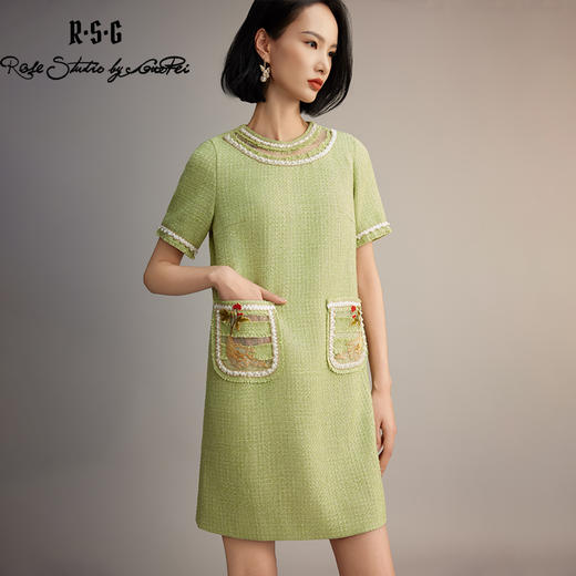 郭培成衣品牌【“药”爱自己】编织装饰领斜纹呢人参刺绣连衣裙 商品图2