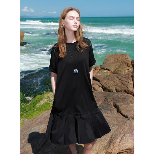 三彩2025夏季新款拼接连衣裙宽松落肩袖直筒裙中裙休闲M 商品图1