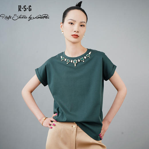 RSG郭培成衣品牌巴洛克宫廷风奢华钻饰连肩袖纯棉T恤 商品图2