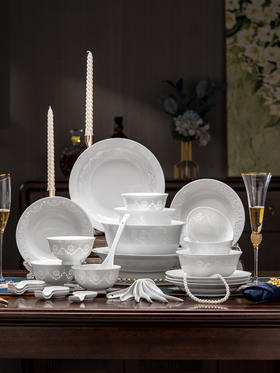 富玉陶瓷景德镇玲珑餐具套装乔迁新居纯白家用碗碟套装幽梦餐具