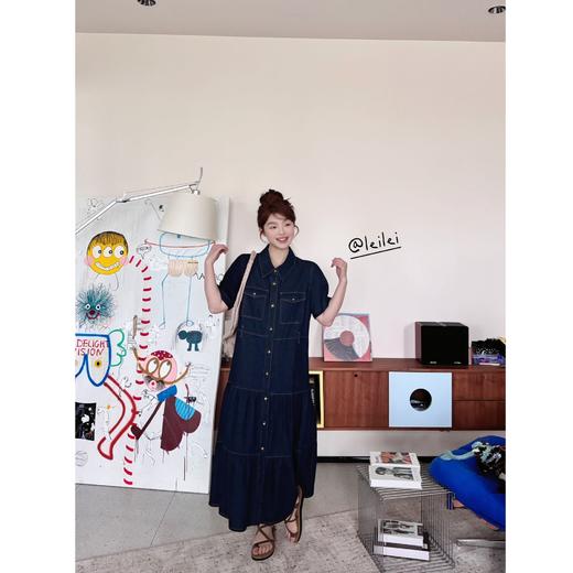 2025新品 蕾蕾同款【蓝调唱片】复古百搭下摆A字翻领短袖蛋糕牛仔连衣裙 商品图1