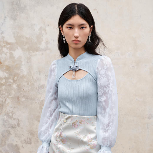 新中式结领镂空套头针织秋季修身上衣女(货号:MS88SW507B0001) 商品图0