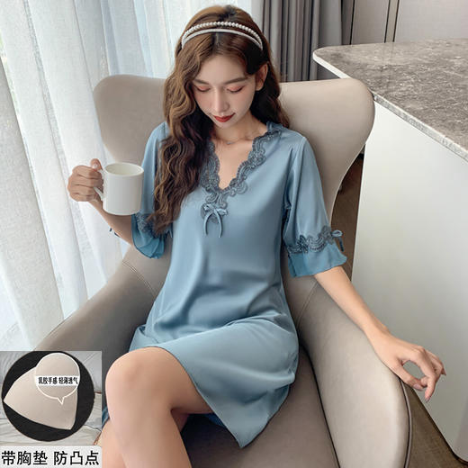 【法式蕾丝❗️带Bra冰丝性感睡裙】质感光泽，气质花边，轻盈舒适，优雅大气！自带胸垫，免穿内衣文胸！女夏一体乳垫丝绸般睡衣可外穿家居 商品图9