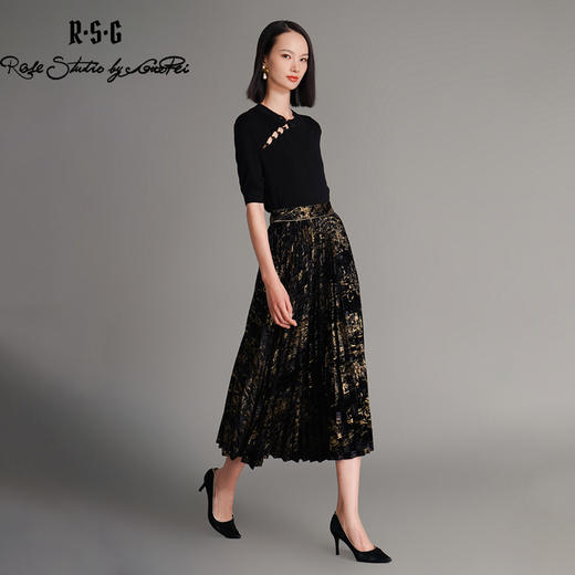 郭培成衣品牌烫金黑色丝绒国风百褶裙 商品图2