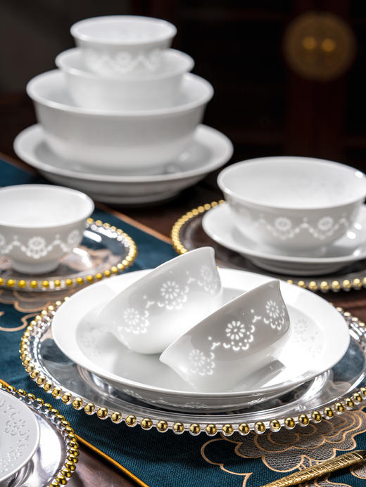富玉陶瓷景德镇玲珑餐具套装乔迁新居纯白家用碗碟套装幽梦餐具 商品图1