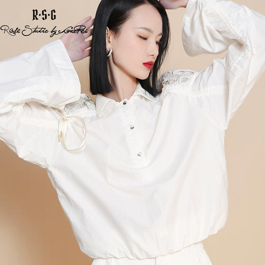 RSG郭培成衣品牌原创设计白色刺绣喇叭袖女款中式衬衫女装 商品图3