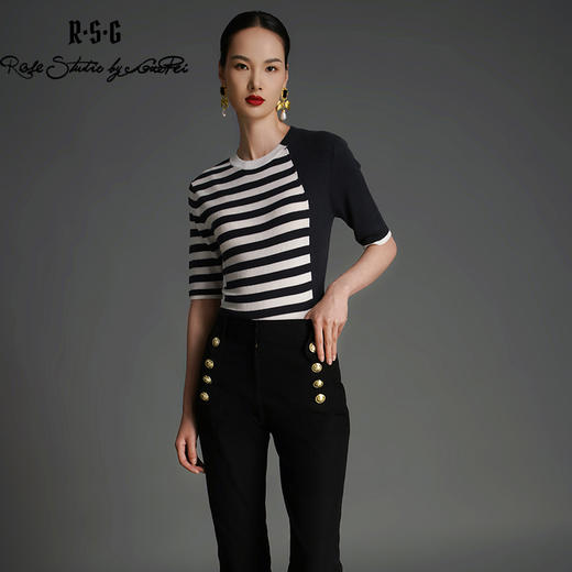 RSG2023郭培线上品牌早秋弹力拼接撞色条纹针织衫 商品图0
