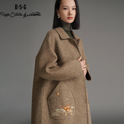 RSG郭培成衣品牌钱眼子祥云飘带刺绣贴袋美拉德色双面呢大衣 商品图4