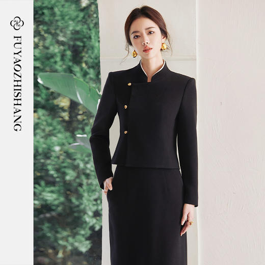 FUYAO扶摇 新中式西装两件套女2025春季新款国风经典黑半身裙套装 商品图1
