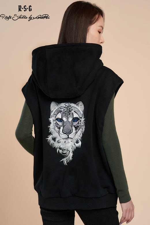 RSG郭培成衣品牌黑色插兜拉链连帽马甲雪豹刺绣纯棉修身女装 商品图4