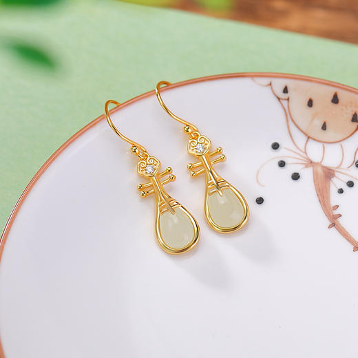 【琵琶轻音】S925纯银镀金和田玉白玉琵琶耳坠【CW-EG02225】 商品图1