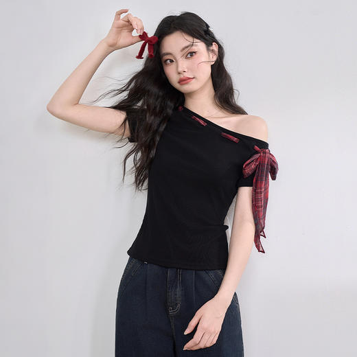美式复古性感辣妹斜肩设计感格纹绑带T恤女收腰上衣V0050632 商品图0