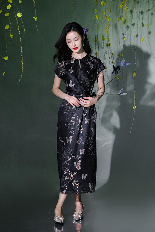 逸红颜明月优选#23姆米真丝提花裙『蝶竹』流淌的丝绸黑珍珠，腰间蝴蝶结系带优雅迷人 商品图12