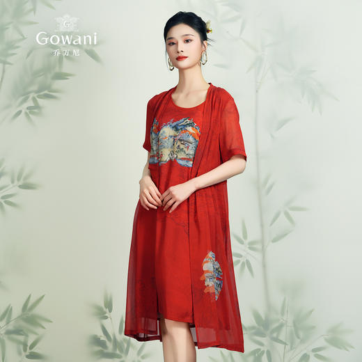乔万尼夏假两件中国风印花宽松喜宴红真丝桑蚕丝连衣裙女EN2E615 商品图3