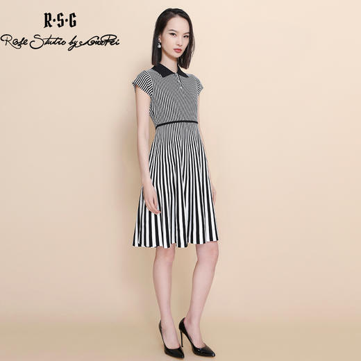 RSG郭培成衣品牌2023春夏新衬衫领条纹收腰短袖针织连衣A字裙 商品图0